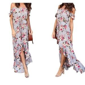 VICI Gray Flora Hi Low Ruffle Hem Line Off The Shoulder Maxi Dress Size Large